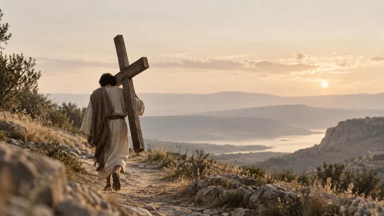 Homem carregando uma cruz em representação de Mateus 16:24 e do chamado ao discipulado cristão