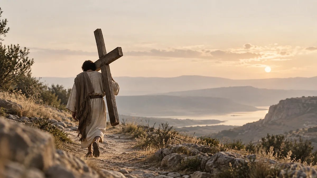 Homem carregando uma cruz em representação de Mateus 16:24 e do chamado ao discipulado cristão